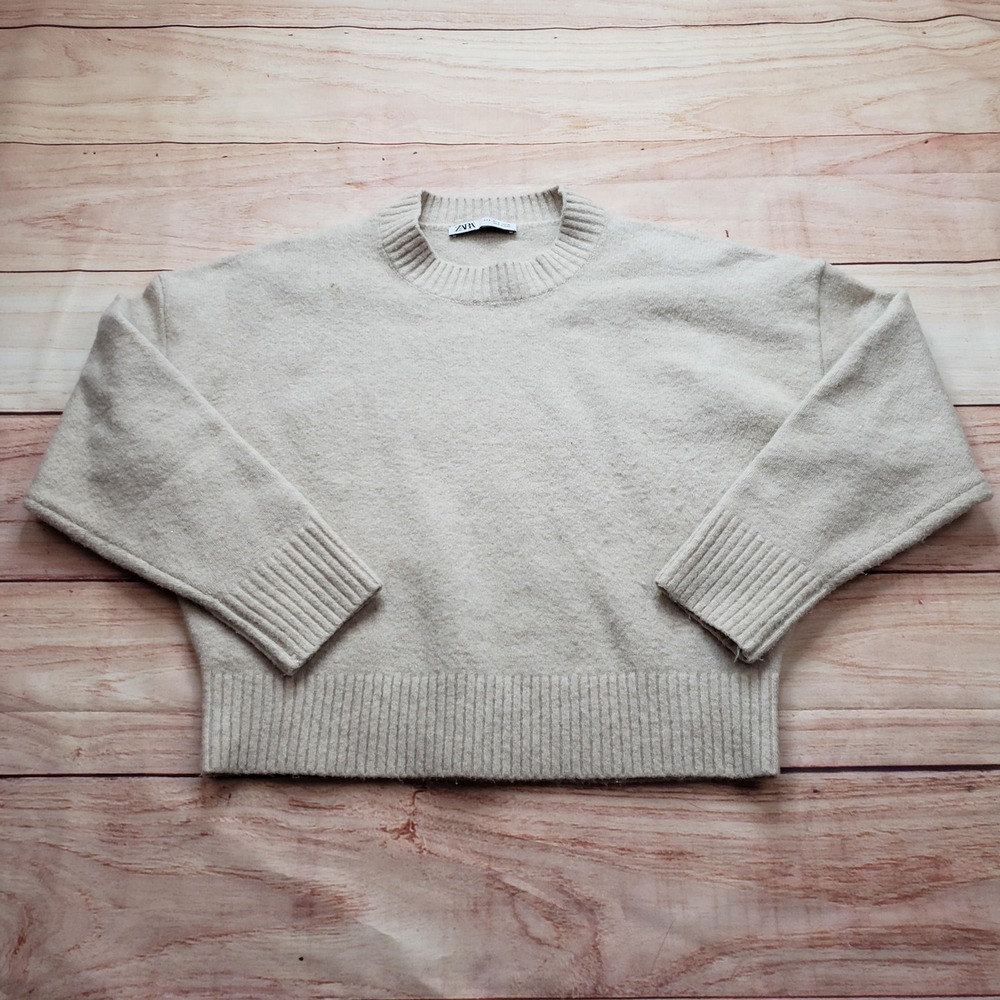 Zara Sweater Womens S Beige Crew Neck‎ Pullover Relaxed Fit Tight-Knit Winter